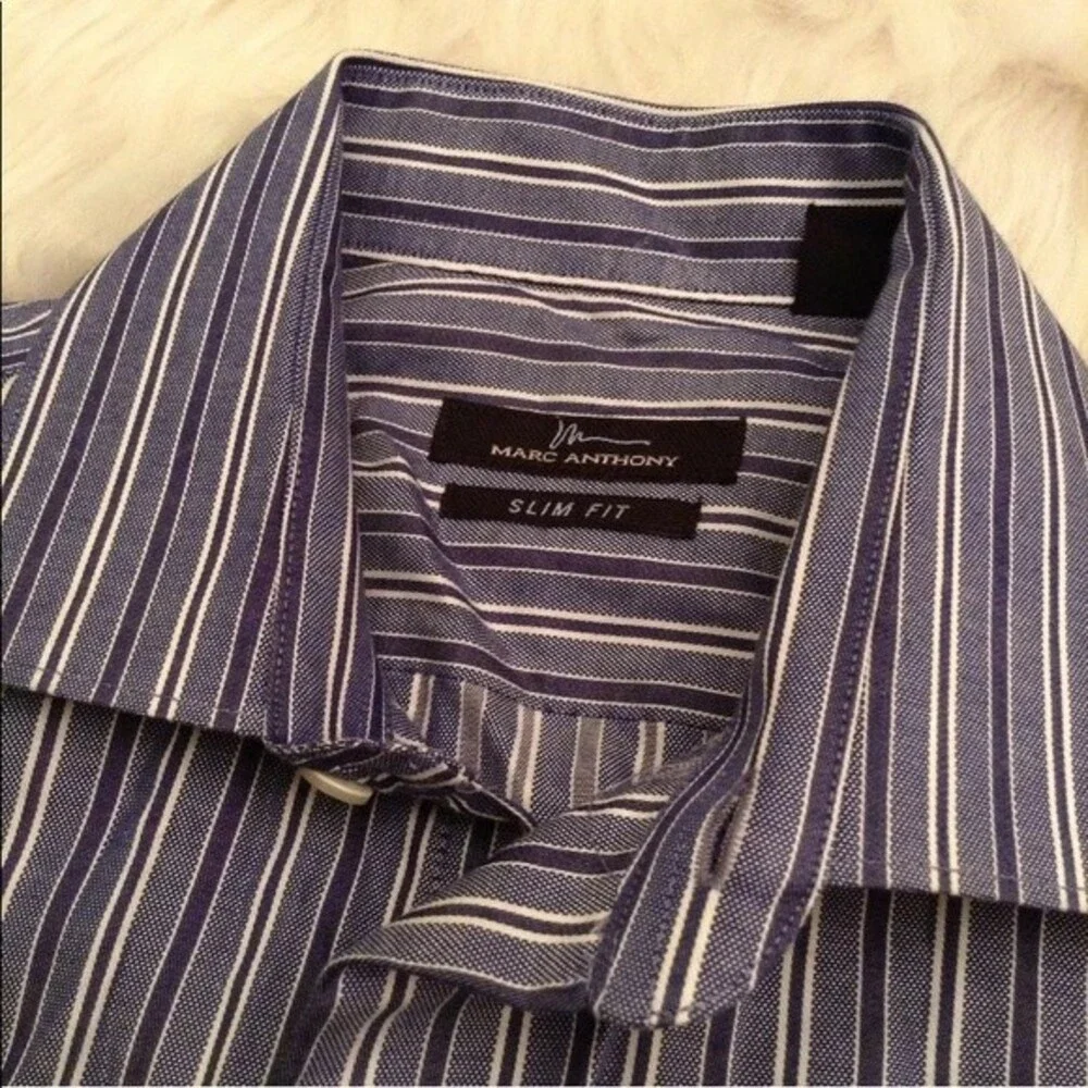 Mens Button Up Size 14 1/2 Blue Stripe Slim Fit Long‎ Sleeve Marc Anthony (BL)